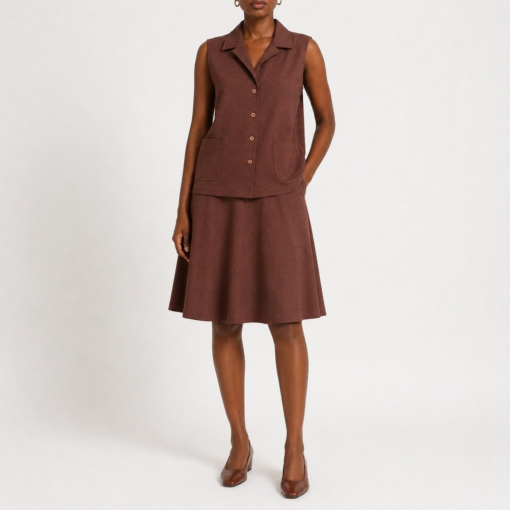 70s Vintage Vest & A Line Skirt Set Womens L Brown Knit Coord Mod Big Lapel Suit